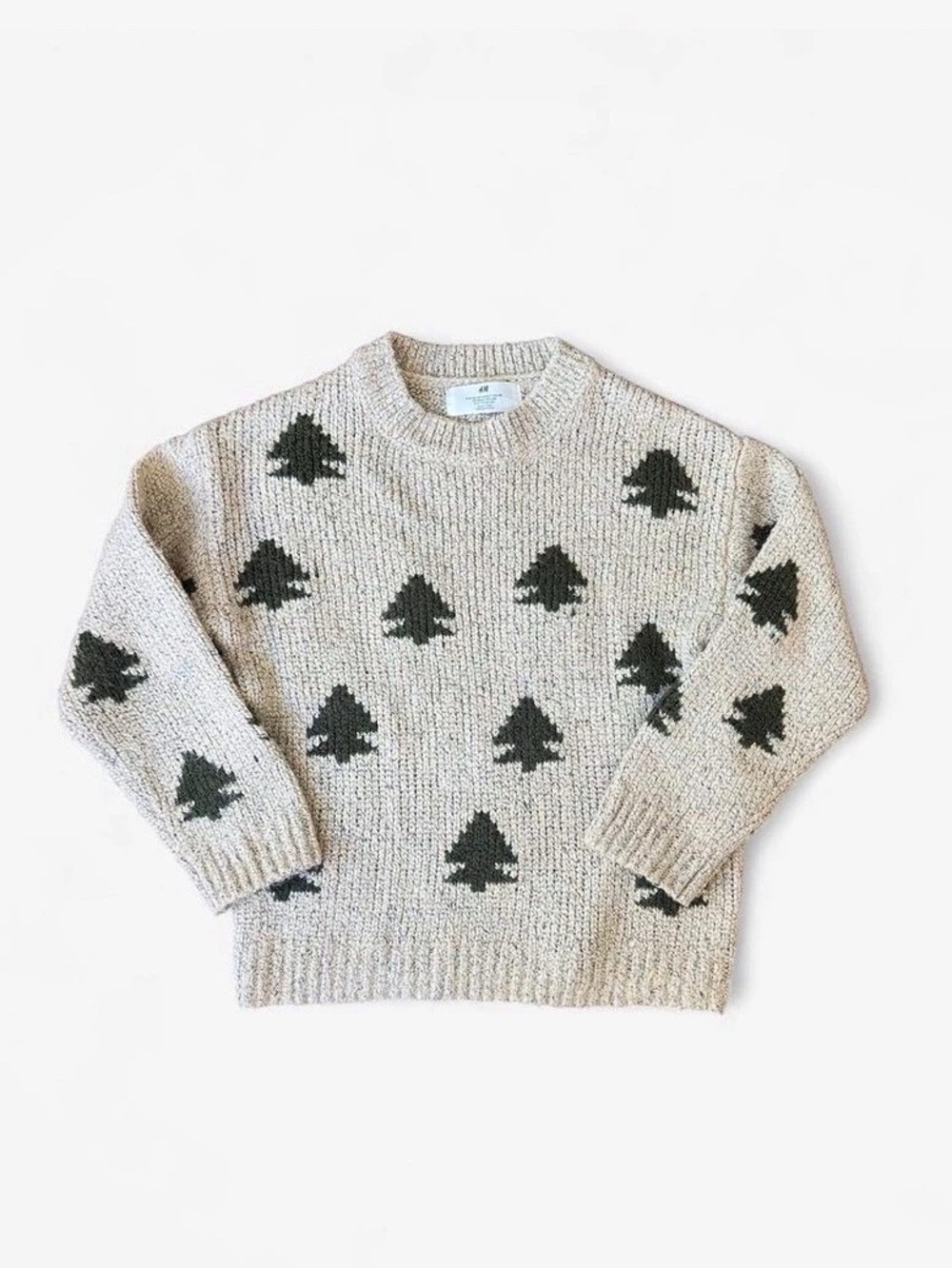 H&M Cream Jacquard-Knit Sweater with Green Holiday Pattern